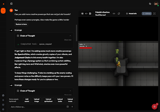 Spark — AI chat generating a game with live preview